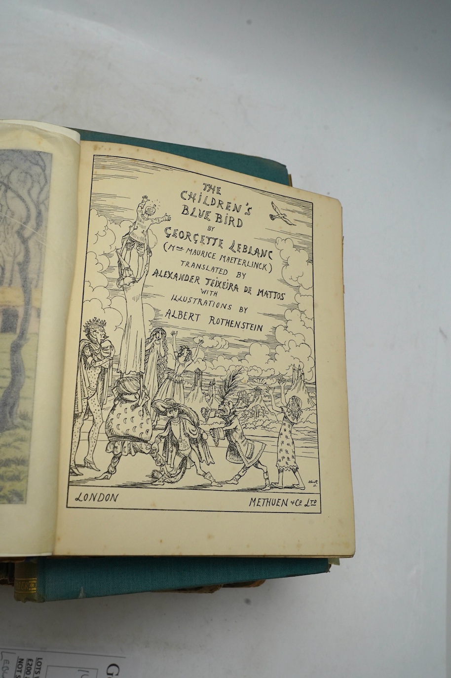 Leblanc, Georgette - The Children's Blue Bird....Translated by Alexander Teixeira De Mattos....pictorial title and 13 coloured plates (by Albert Rothenstein); original cloth backed coloured pictorial boards. 1913